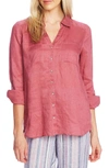 Vince Camuto Button-front Roll-tab-sleeve Linen Top In Dusty Rose