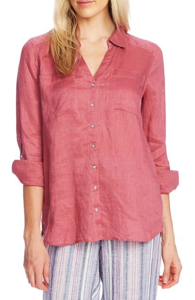 Vince Camuto Button-front Roll-tab-sleeve Linen Top In Dusty Rose