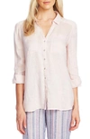 Vince Camuto Button-front Roll-tab-sleeve Linen Top In Pink Lotus