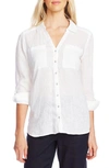 Vince Camuto Button-front Roll-tab-sleeve Linen Top In Ultra White