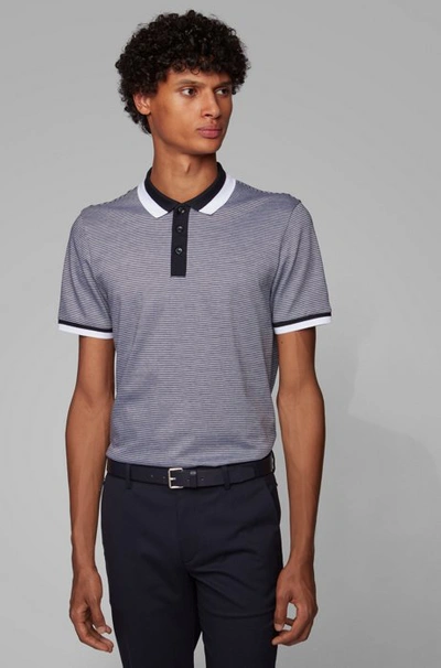 Hugo Boss Philipson 66 Slim-fit Contrast-tipped Mercerised Cotton Polo Shirt In Blue