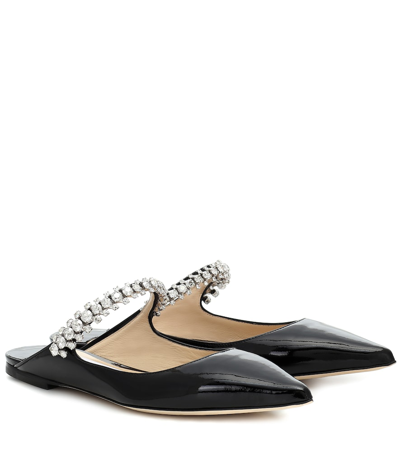 Jimmy Choo Bing Flat Black Patent Leather Mules With Crystal Strap