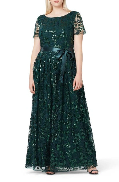 Tahari Embellished Lace Gown In Hunter Green