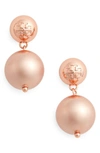 Tory Burch Logo Faux Pearl Drop Earrings In Rose / Rose Gold