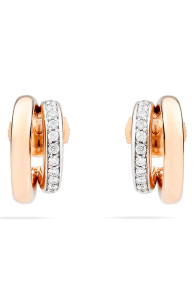 Pomellato 18k Rose Gold Iconica Diamond Double Huggie Earrings In White/rose Gold