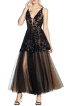 Dress The Population Rachelle Sequin Embroidered Cami Gown W/ Tulle Skirt In Black-nude