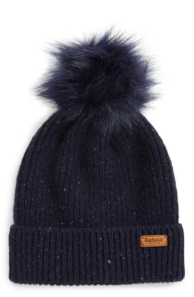 Barbour Weymouth Wool Blend Beanie With Faux Fur Pom In Navy