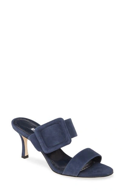 Manolo Blahnik Gable Buckle Slide Sandal In Denim Navy Suede