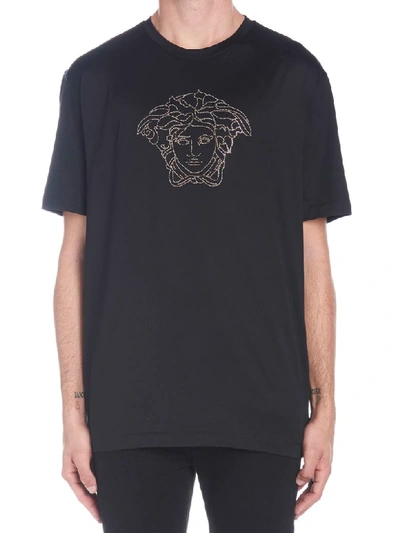 Versace T-shirt In Cotone Con Medusa In Strass In Nero