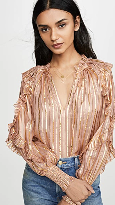 Ulla Johnson Lucinda Metallic Stripe Silk Blend Blouse In Rose