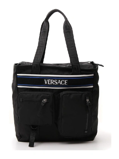 Versace Olympus Logo Strap Tote Bag In Black