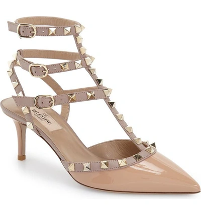 Valentino Garavani Rockstud Pointy Toe Pump In Beige Patent