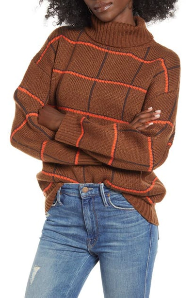 Joa Checked Turtleneck Sweater In Brown Plaid