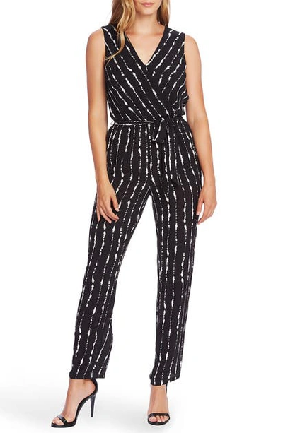 Vince Camuto Stripe Impressions Sleeveless Belted Jumpsuit In Rich Black