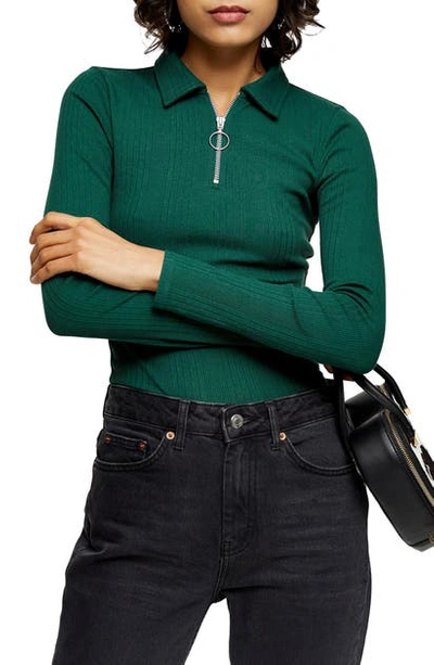 Topshop Variegated Rib Zip Polo In Green