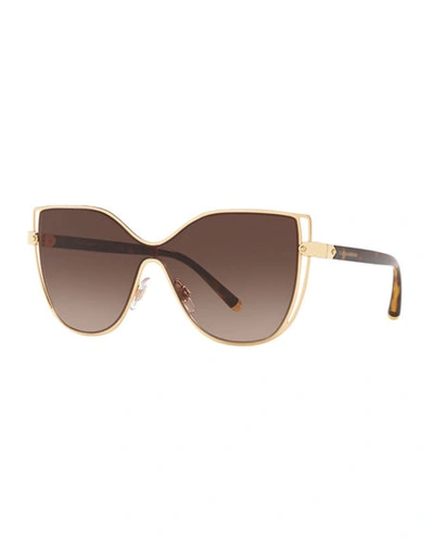 Dolce & Gabbana Metal Butterfly Shield Sunglasses W/ Logo Print Lens In Gold/brown Gradient