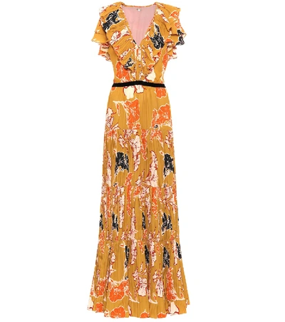 Johanna Ortiz Golden Blossom Velvet-trimmed Ruffled Pleated Crepe De Chine Maxi Dress In Brown