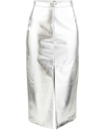 Fendi Coated Denim Midi Skirt In Silver