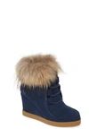 Cecelia New York Holly Wedge Bootie With Genuine Fox Fur Trim In Navy Suede