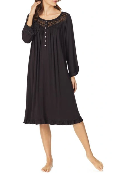 Eileen West Waltz Long Sleeve Knit Nightgown In Sld Blck Modal W Nttng Embrdry