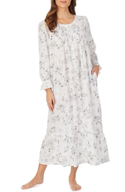 Eileen West Ballet Long Sleeve Nightgown In White Ground With Grey Roses