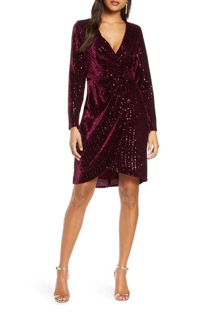 Julia Jordan Velvet Sequin Long Sleeve Faux Wrap Dress In Wine