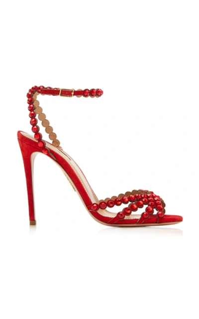 Aquazzura Tequila 105 水晶缀饰绒面革凉鞋 In Red