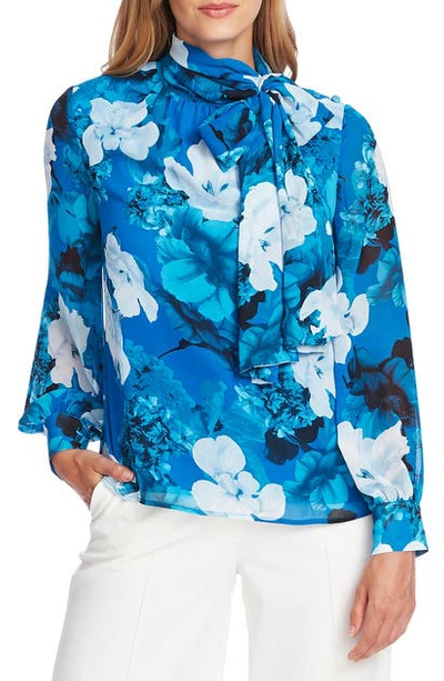 Vince Camuto Melody Floral Tie Neck Long Sleeve Chiffon Blouse In Lagoon