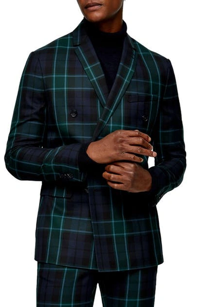 Topman Aticus Check Skinny Fit Suit Jacket In Navy Blue