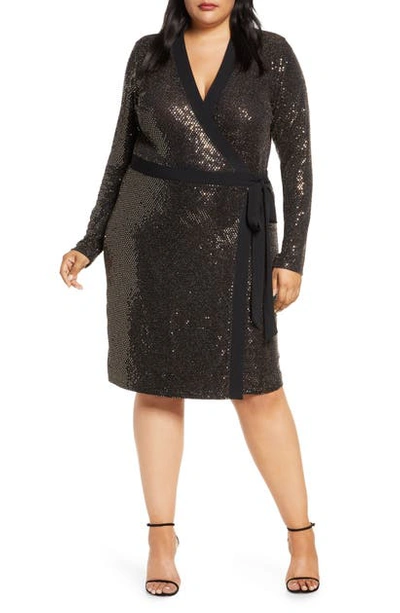 Leota Kara Sequin Long Sleeve Faux Wrap Dress In Gold Sequin