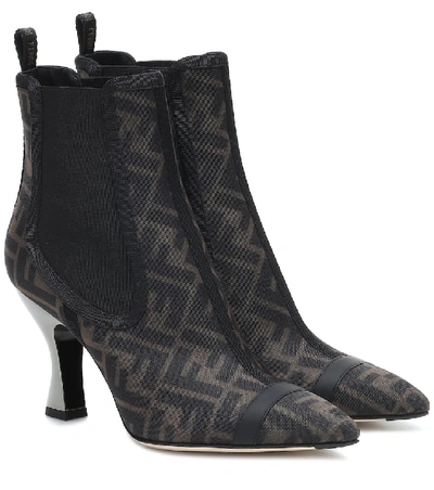 Fendi Leather-trimmed Logo-print Mesh Sock Boots In Brown