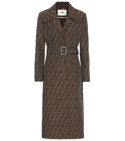 Fendi Ff-jacquard Belted Canvas Trench Coat In Braun