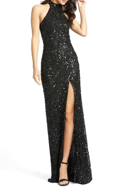 Mac Duggal Sequin Halter-neck Gown With High-slit In Black