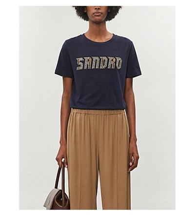 Sandro Logo-embroidered Cotton-jersey T-shirt In Blue