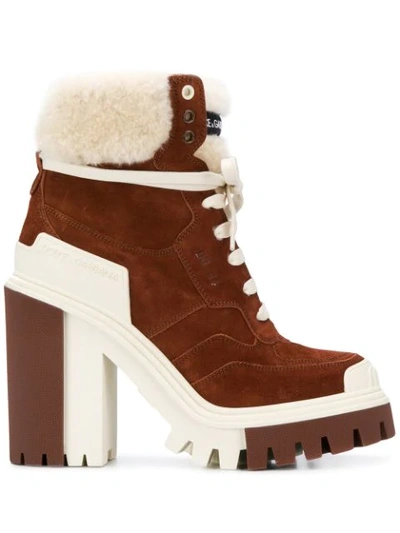Dolce & Gabbana Split-grain Leather Trekking Boots With Shearling In Brown