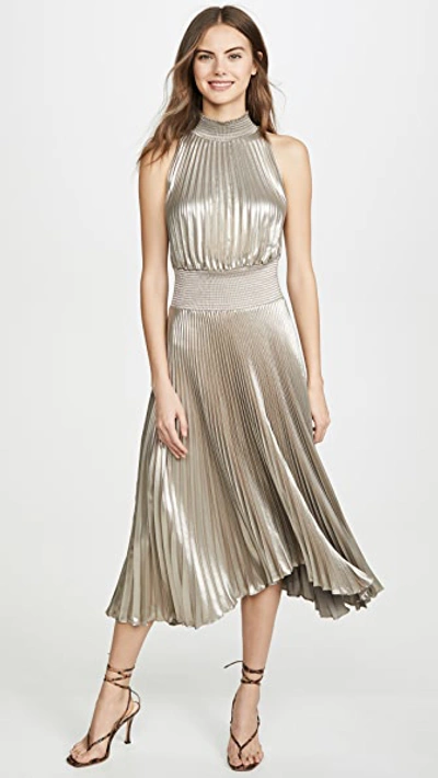 A.l.c Renzo Pleated Metallic Halter Dress In Antique Gold