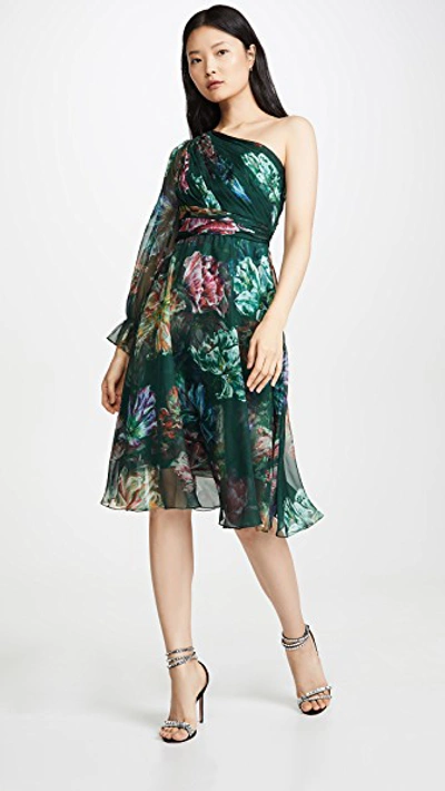 Marchesa Notte One Shoulder Printed Cocktail Dress In Emerald