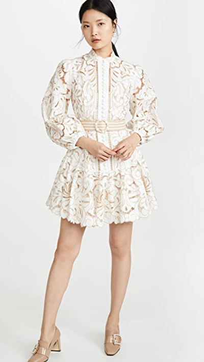 Zimmermann Edie Belted Linen And Cotton-blend Guipure Lace Mini Dress In Ivory