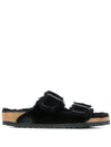 Birkenstock Arizona Shearling Slides With Large Buckle In Black