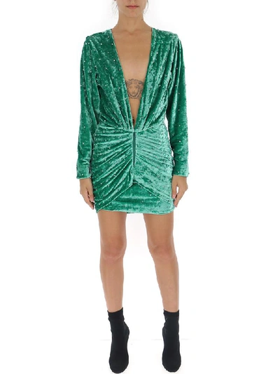 Attico Crystal-embellished Ruched Stretch-velvet Mini Dress In Green