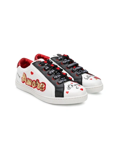 Dolce & Gabbana Kids' Leather Lace-up Sneakers W/ Patch In Bianco