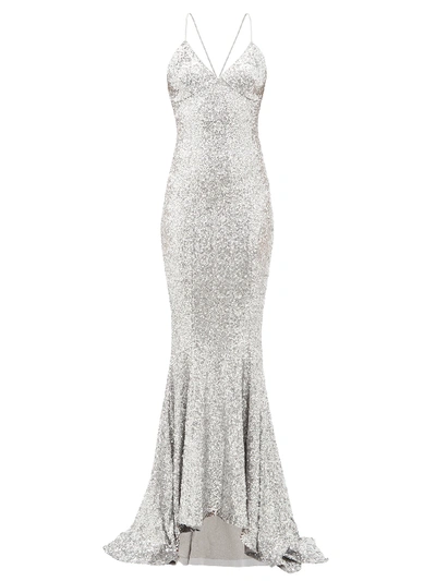 Norma Kamali Sequin Low Back Slip Mermaid Fishtail Gown In Silver