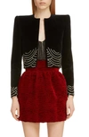 SAINT LAURENT CHAIN DETAIL VELVET CROP JACKET,587473Y615W