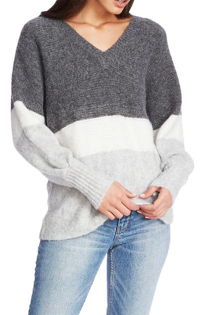 1.state Ribbed Jersey Stripe Sweater In Med Heather Grey