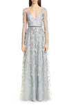 Marchesa Notte Leaf Embroidered Long Sleeve Tulle Gown In Silver