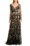 MARCHESA NOTTE LEAF EMBROIDERED LONG SLEEVE TULLE GOWN,N35G1075