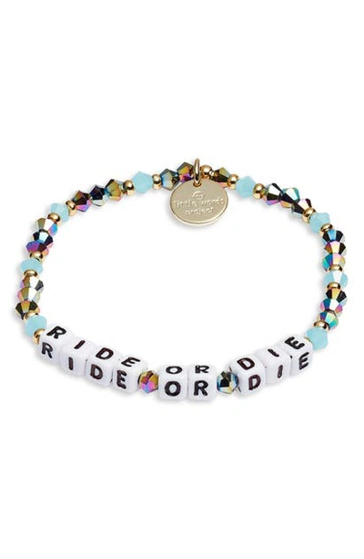 Little Words Project Ride Or Die Beaded Stretch Bracelet In Blue Metal/ White