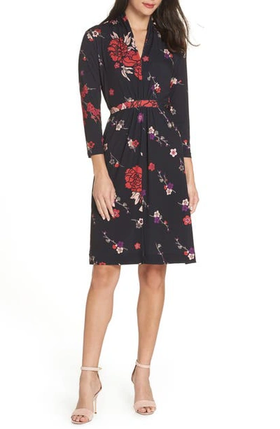 French Connection Long Sleeve Ruched Dress In Black Multi