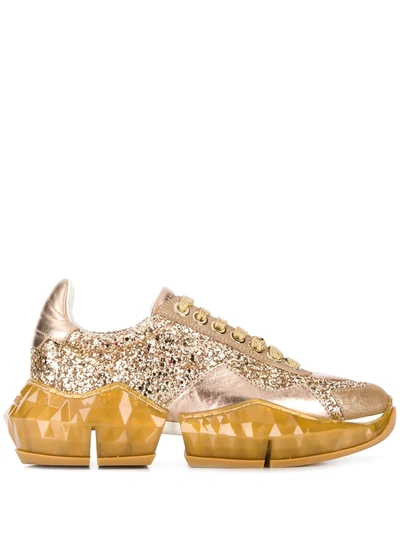 Jimmy Choo Diamond Glittered Canvas And Metallic Textured-leather Trainers In Gold