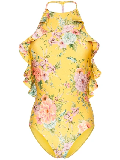 Zimmermann Halterneck Ruffled Floral Swimsuit In Yellow